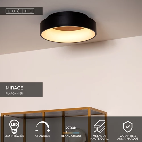 Lucide MIRAGE - Plafonnier - Ø 38 cm - LED Dim. - 1x22W 2700K - Noir - USP